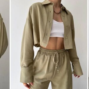 Collared Drawstring Two Piece Pants Set